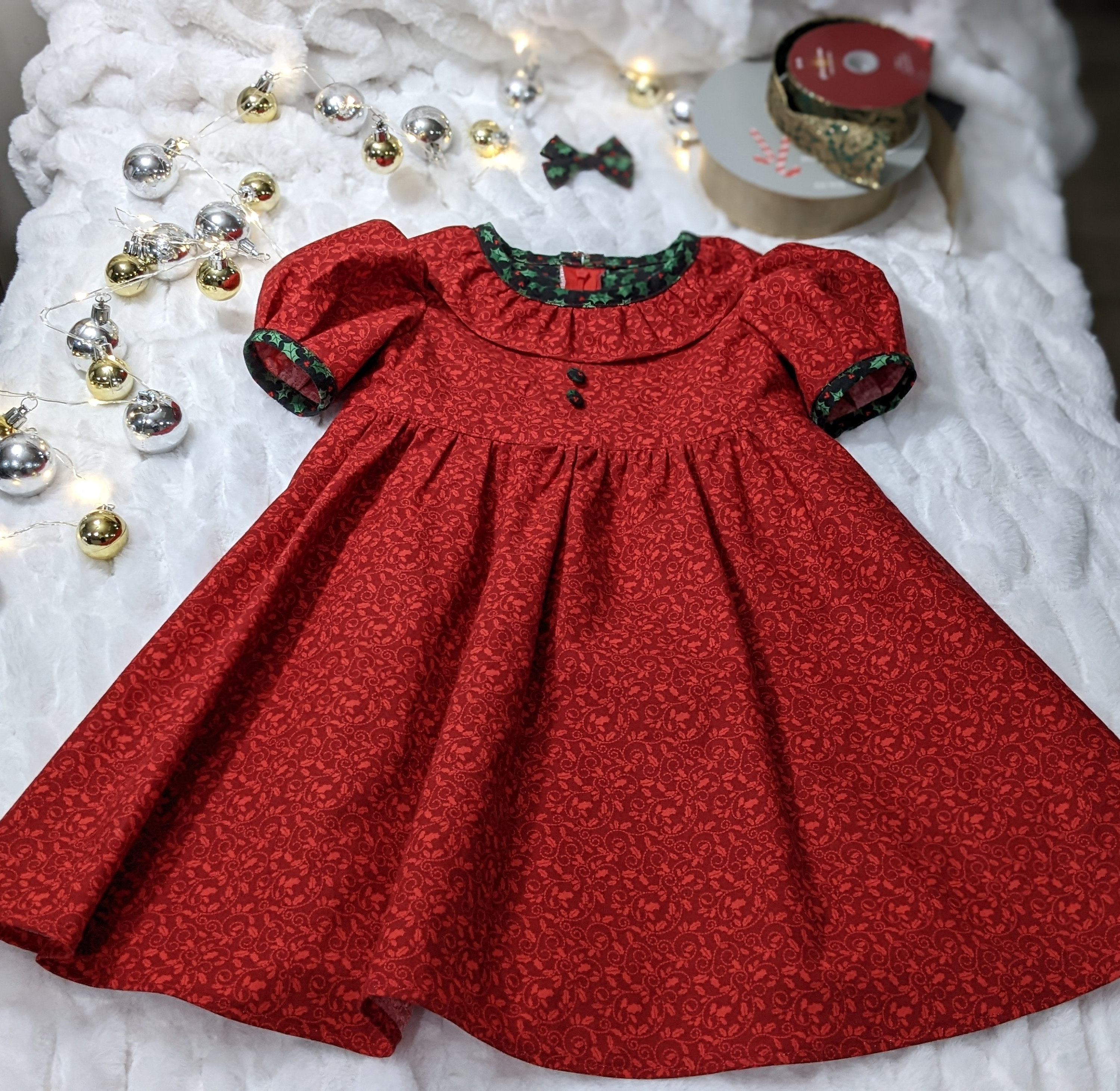 Red Christmas Holly Cotton Dress with Bow Barrette