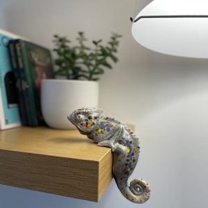 May include: A gray and white chameleon figurine with colorful spots and a blue stripe. The chameleon is perched on the edge of a wooden shelf.
