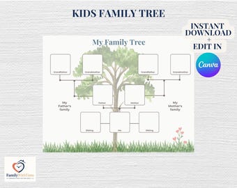 Könnte beinhalten: Ein ausdruckbares Familienstammbaum-Diagramm für Kinder mit einer Aquarell-Baumillustration, leeren Fotofeldern für Verwandte und Textbeschriftungen wie My Family Tree, My Father's family, My Mother's family und dem FamilyWithTime-Logo.