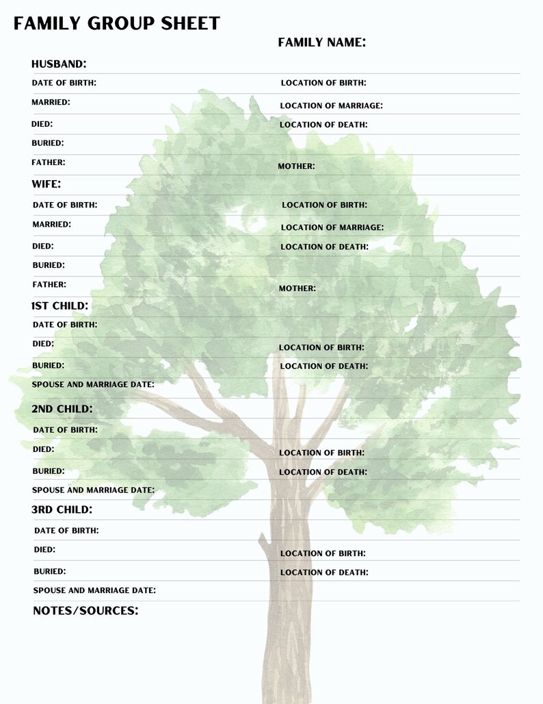 Family Group Sheet Download Print and Fill In. Genealogy Etsy