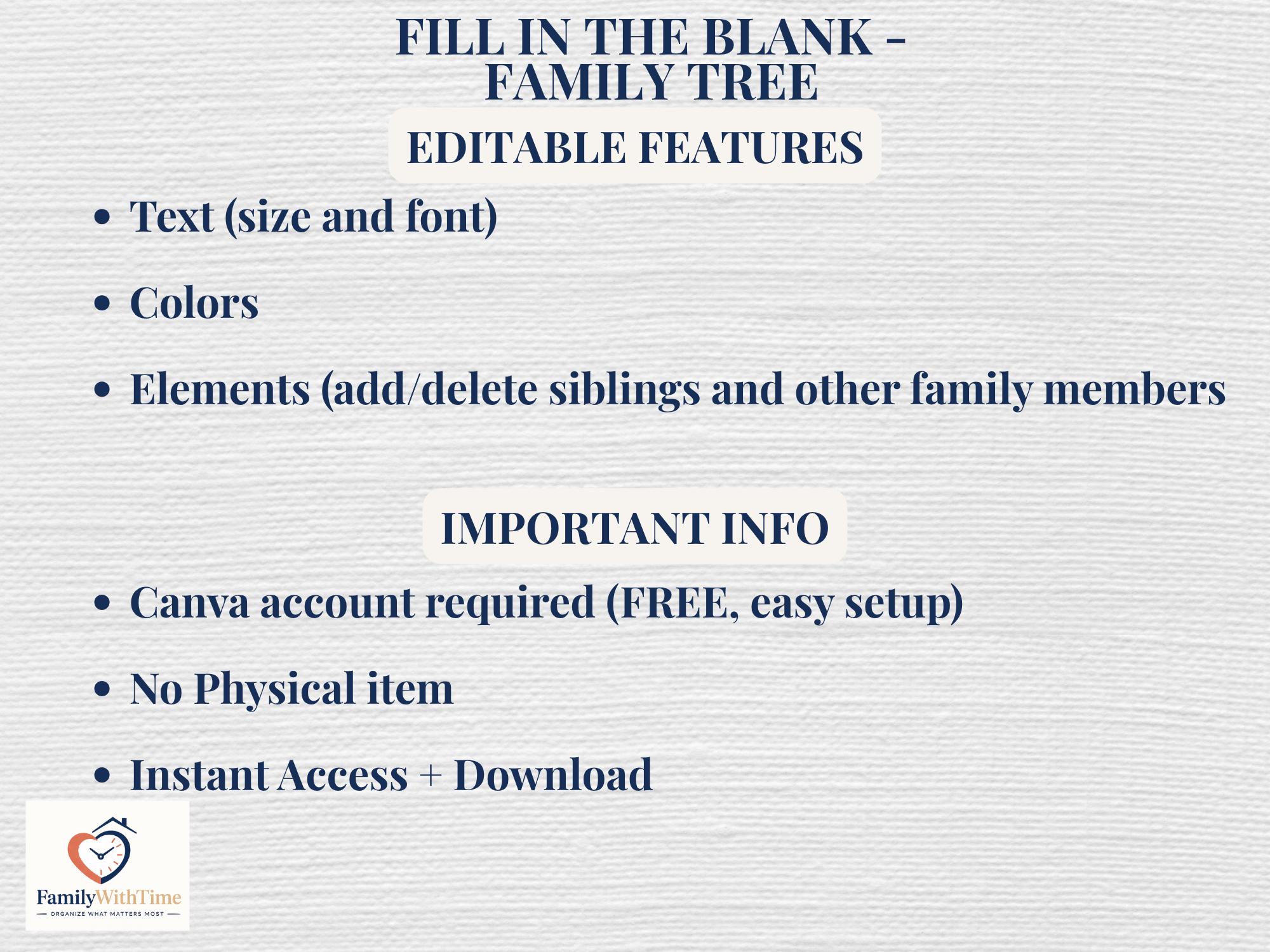 Family Tree - Fill-in the Blank - Editable Canva Template - Instant ...