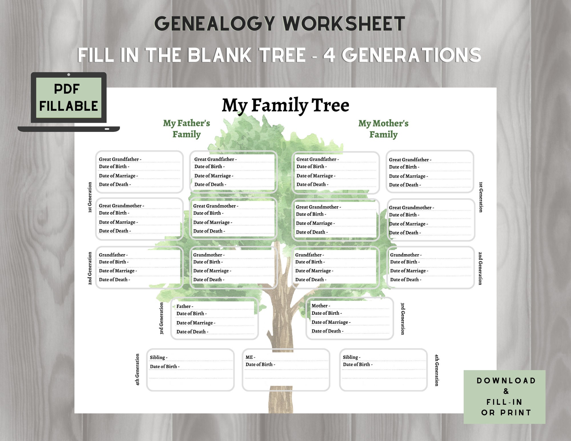 Family Tree Fill-in the Blank 4 Generations 1 Page Fillable PDF - Etsy