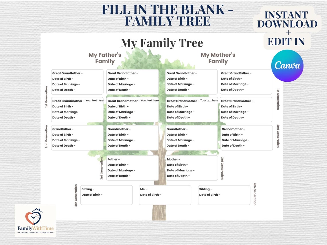 Family Tree - Fill-in the Blank - Editable Canva Template - Instant ...