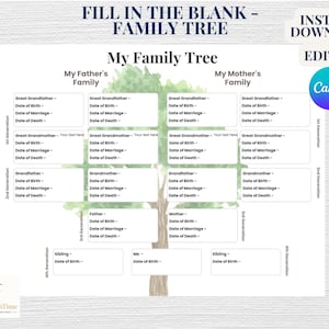 Può includere: Un modello di albero genealogico da compilare, con sezioni per gli antenati. Il design include una grafica ad albero e richieste per le date di nascita, matrimonio e decesso. Il testo "My Family Tree" è in alto.