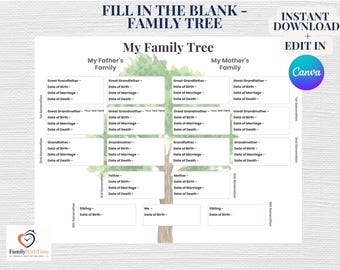 Family Tree - Fill-In the Blank - Editable Canva Template - Instant Download