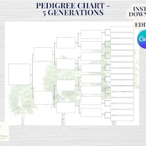 Árbol genealógico - 5 generaciones - Plantilla editable de Canva - Descarga instantánea