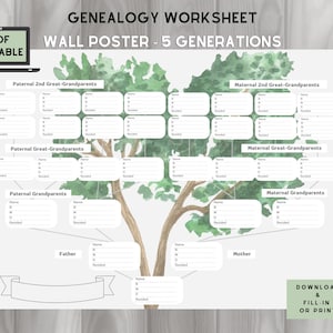 Póster de pared del árbol genealógico familiar de cinco generaciones - Descarga instantánea y PDF rellenable