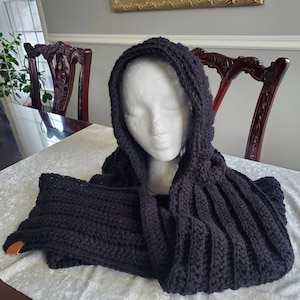 Crochet Hooded Scarf, Winter Scoodie, Scarf with hood, made to Order in any color, one size fits most Adults, Handmade Gift, Free Shipping