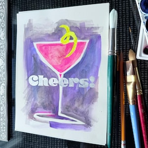 Watercolor Cocktail Painting, Bar Cart Art, Hand-Painted Typography, Silver leaf painting, cocktail art, Cosmo, original watercolor painting
