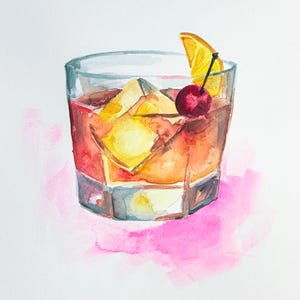 Watercolor Cocktail Painting, Bar Cart Art, cocktail art, original watercolor painting, manhattan