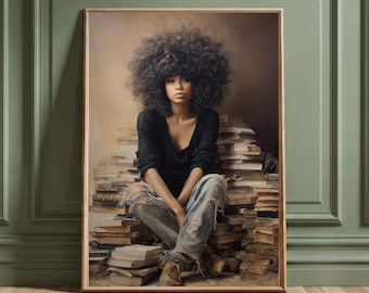 May include: A framed art print depicting a person with a large afro, wearing a black top and ripped jeans, sitting on a pile of books. The artwork has a warm, sepia-toned background and a wooden frame.