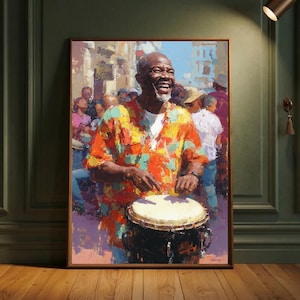 Puede incluir: Pintura enmarcada que representa a un hombre negro sonriente tocando un tambor en medio de una multitud. Viste una camisa estampada en colores naranja, amarillo y verde. La pintura tiene un estilo impresionista, con pinceladas visibles.