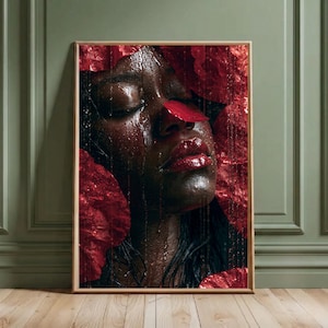 Red Floral Abstract Woman Portrait Wall Art, Dark Feminine Art, Luxury Modern Canvas Decor, Canvas or Poster.