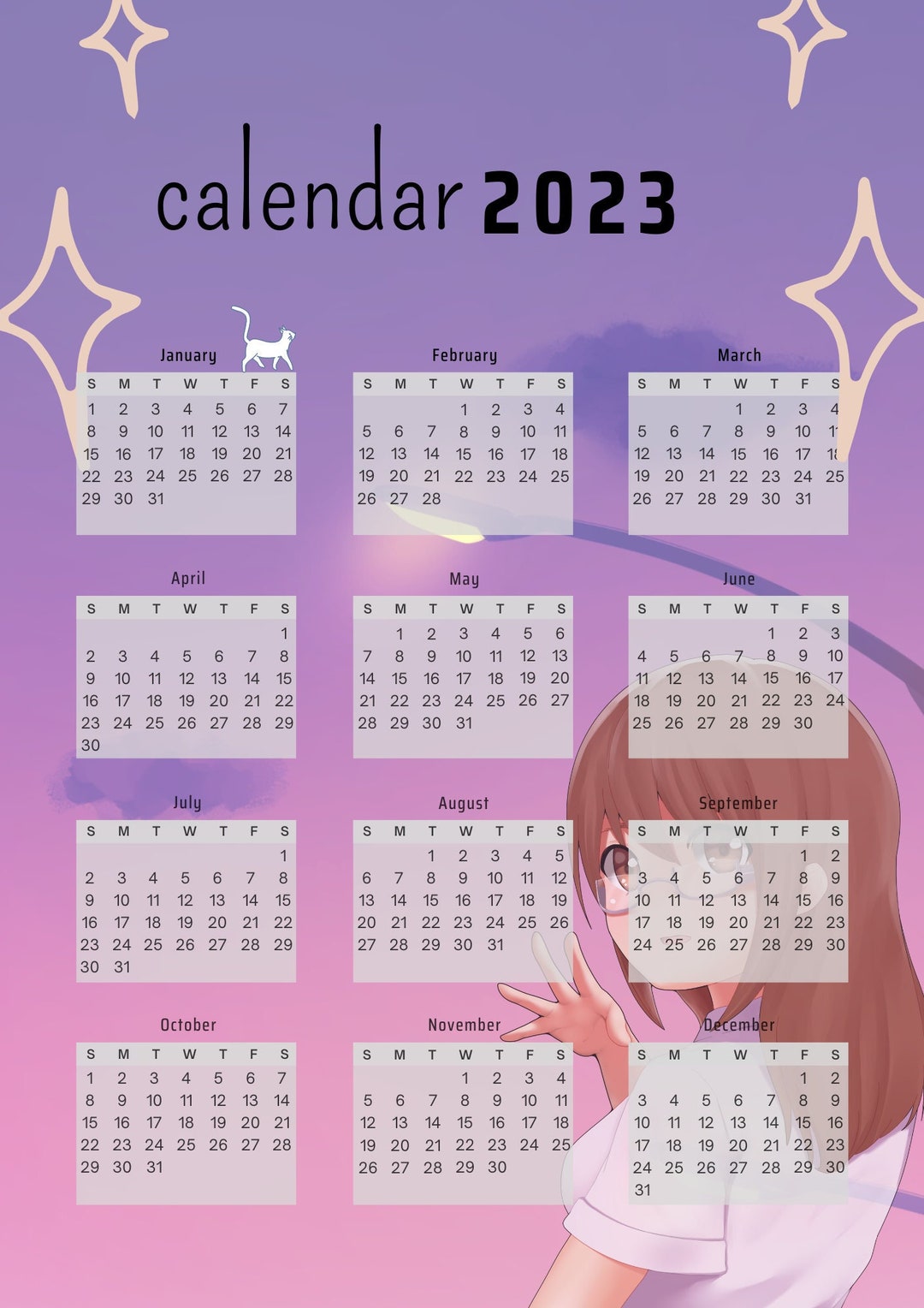 Minimalist 2023 Year Calendar Anime Virsion Etsy