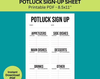 Modulo di iscrizione per il potluck: pianificatore di feste stampabile (PDF)