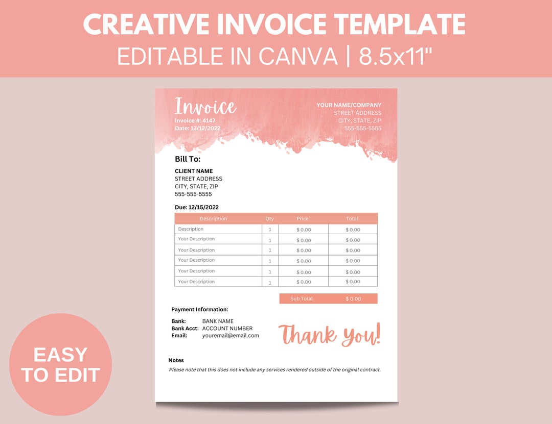 Fun Invoice Template for Creatives Editable in Canva 8.5x11'' PDF Fun Invoice Template for Creatives Editable in Canva 8.5x11'' PDF