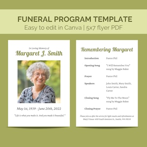 Può includere: Modello di programma funebre per Margaret J. Smith, con una sua foto, le date di nascita e morte e i dettagli del servizio. Il programma include l'ordine degli eventi, gli oratori e la preghiera di chiusura. Include anche una nota sui rinfreschi a casa di Mary dopo il servizio.