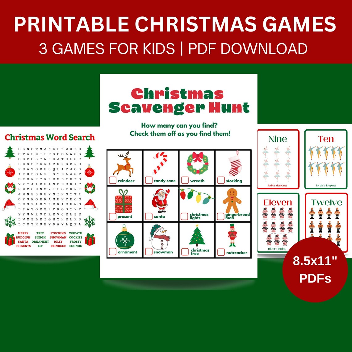 Printable Christmas Games Bundle for Kids: Scavenger Hunt, Word Search ...