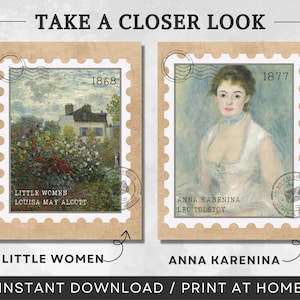 K&ouml;nnte beinhalten: Zwei Briefmarken im Vintage-Stil mit Bildern von Gem&auml;lden. Die erste Marke zeigt ein Gem&auml;lde eines Gartens mit einem Haus im Hintergrund. Die zweite Marke zeigt ein Portr&auml;t einer Frau. Der Text auf der ersten Marke lautet "Little Women, Louisa May Alcott, 1868". Der Text auf der zweiten Marke lautet "Anna Karenina, Leo Tolstoi, 1877".
