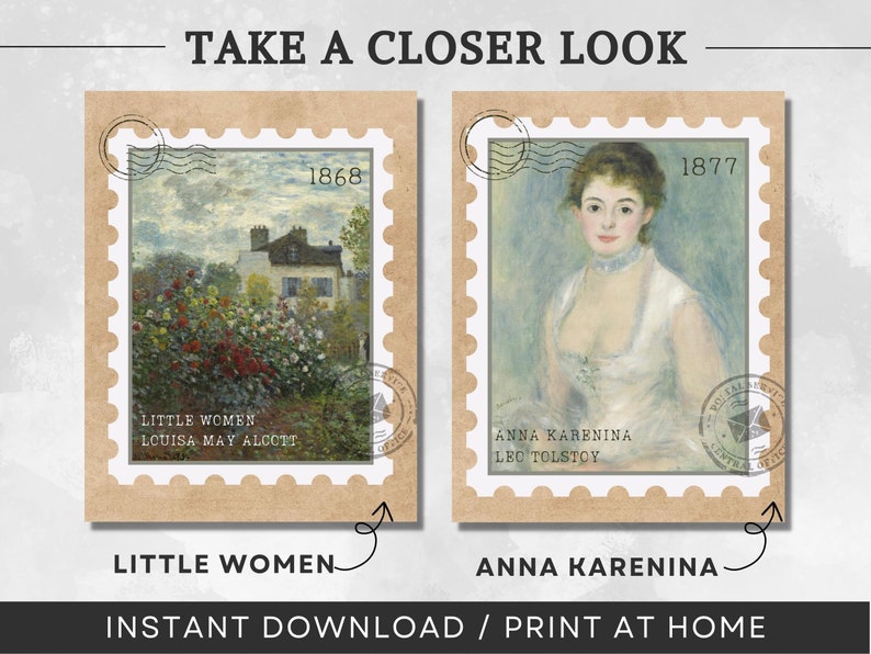 K&ouml;nnte beinhalten: Zwei Briefmarken im Vintage-Stil mit Bildern von Gem&auml;lden. Die erste Marke zeigt ein Gem&auml;lde eines Gartens mit einem Haus im Hintergrund. Die zweite Marke zeigt ein Portr&auml;t einer Frau. Der Text auf der ersten Marke lautet "Little Women, Louisa May Alcott, 1868". Der Text auf der zweiten Marke lautet "Anna Karenina, Leo Tolstoi, 1877".