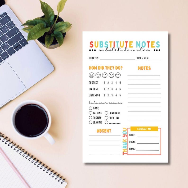 Pu&ograve; includere: Un modulo stampabile per le note degli insegnanti sostituti con un design colorato. Il modulo include sezioni per valutare il comportamento degli studenti, annotare eventuali problemi e fornire informazioni di contatto.