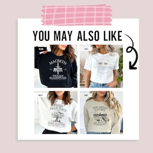May include: Four different sweatshirts with literary quotes. The first sweatshirt is black with the text "Macbeth" and "William Shakespeare". The second sweatshirt is white with the text "TJ Eckleburg Optometry". The third sweatshirt is white with the text "Pride Prejudice" and "Jane Austen". The fourth sweatshirt is sand colored with the text "The Great Gatsby" and "F. Scott Fitzgerald".
