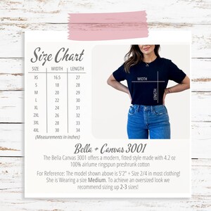 May include: Size chart for Bella + Canvas 3001 t-shirts, showing width and length measurements in inches for sizes XS to 4XL. The chart includes a photo of a model wearing a black t-shirt and blue jeans.