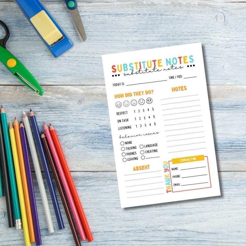 Pu&ograve; includere: Un modulo di note per insegnanti sostituti stampabile con sezioni per il comportamento degli studenti, informazioni di contatto e note. Il modulo include una scala di valutazione per il rispetto, il comportamento in classe e l'ascolto, nonch&eacute; un elenco di controllo per i problemi comportamentali.