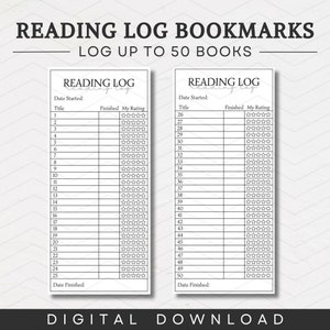Puede incluir: Dos marcadores de lectura imprimibles en blanco y negro. Cada marcador tiene un título, una fecha de inicio, una fecha de finalización y una sección para calificar libros con cinco estrellas. Los marcadores están diseñados para registrar hasta 50 libros.