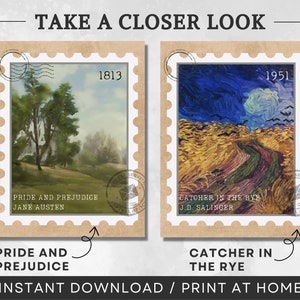 K&ouml;nnte beinhalten: Zwei Briefmarken im Vintage-Stil mit Illustrationen und Text. Die linke Marke zeigt eine gr&uuml;ne Landschaft mit B&auml;umen und dem Text "Pride and Prejudice, Jane Austen, 1813". Die rechte Marke zeigt eine blaue und gelbe Landschaft mit einem gewundenen Weg und dem Text "Catcher in the Rye, J.D. Salinger, 1951".