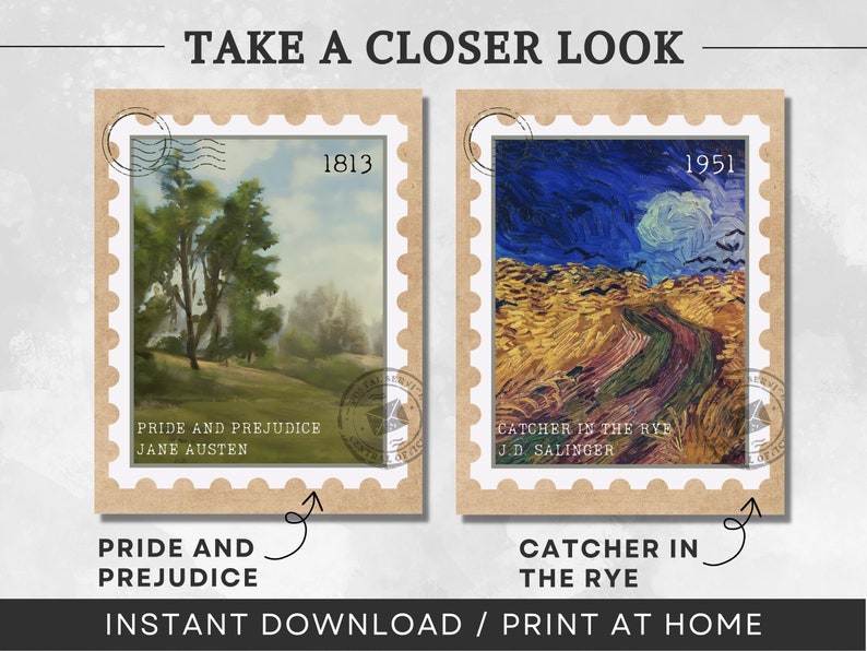 K&ouml;nnte beinhalten: Zwei Briefmarken im Vintage-Stil mit Illustrationen und Text. Die linke Marke zeigt eine gr&uuml;ne Landschaft mit B&auml;umen und dem Text "Pride and Prejudice, Jane Austen, 1813". Die rechte Marke zeigt eine blaue und gelbe Landschaft mit einem gewundenen Weg und dem Text "Catcher in the Rye, J.D. Salinger, 1951".