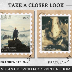 K&ouml;nnte beinhalten: Zwei Briefmarken im Vintage-Stil mit Bildern eines Mannes, der auf einem Berggipfel steht, und einer Nahaufnahme eines Gesichts. Die Briefmarken sind mit "Frankenstein, Mark Shelley, 1818" und "Dracula, Bram Stoker, 1897" beschriftet.