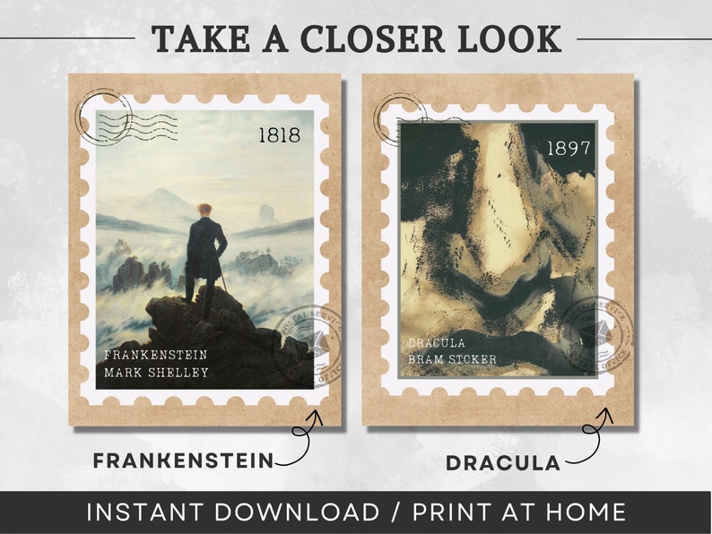 K&ouml;nnte beinhalten: Zwei Briefmarken im Vintage-Stil mit Bildern eines Mannes, der auf einem Berggipfel steht, und einer Nahaufnahme eines Gesichts. Die Briefmarken sind mit "Frankenstein, Mark Shelley, 1818" und "Dracula, Bram Stoker, 1897" beschriftet.