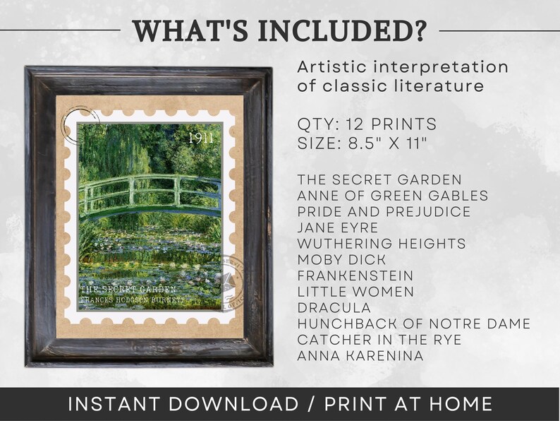 K&ouml;nnte beinhalten: Ein Set mit 12 druckbaren Kunstdrucken, die k&uuml;nstlerische Interpretationen klassischer Literatur zeigen. Die Drucke sind 21,6 cm x 27,9 cm gro&szlig; und beinhalten Titel wie "Der geheime Garten", "Anne of Green Gables" und "Stolz und Vorurteil".