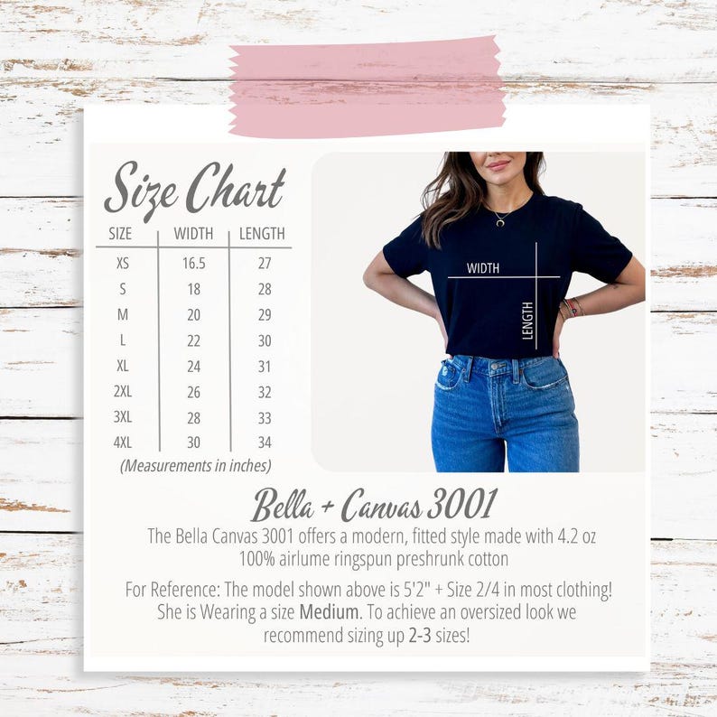 Puede incluir: Tabla de tallas para camisetas Bella + Canvas 3001, que muestra las medidas de ancho y largo en pulgadas para las tallas XS a 4XL. La tabla incluye una foto de una modelo usando una camiseta negra, con las palabras "Ancho" y "Largo" etiquetadas en la imagen.