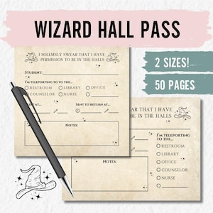 May include: Printable wizard hall pass template with a whimsical design. The template features a witch's hat and stars. The text reads "I solemnly swear that I have permission to be in the halls." and "I'm teleporting to the..." with checkboxes for restroom, library, office, counselor, and nurse. The template also includes a section for notes and a space to indicate when the student is expected to return.