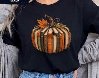 Camiseta de otoño con temática de libros, camiseta de calabaza, camiseta de Acción de Gracias para lectores, camiseta otoñal para amantes de los libros, camiseta de calabaza con temática de libros, regalo de otoño para bibliotecarios.