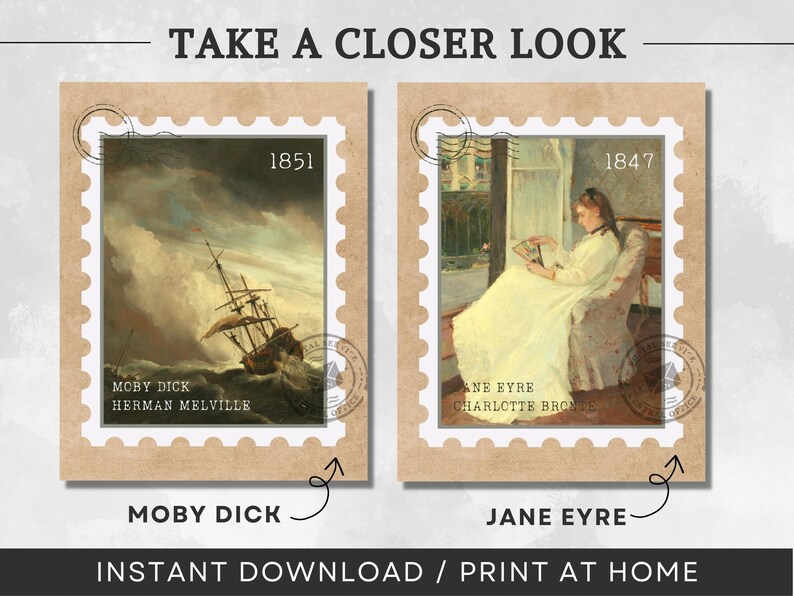 K&ouml;nnte beinhalten: Zwei Briefmarken im Vintage-Stil mit Illustrationen und Text. Die linke Marke zeigt ein Schiff in st&uuml;rmischer See mit dem Text "MOBY DICK" und "HERMAN MELVILLE" unter dem Bild. Die rechte Marke zeigt eine Frau, die in einem Stuhl ein Buch liest, mit dem Text "ANE BYRE" und "CHARLOTTE BRONTE" unter dem Bild. Das Jahr "1851" ist in der oberen rechten Ecke der linken Marke und "1847" in der oberen rechten Ecke der rechten Marke gedruckt.