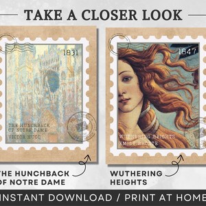 K&ouml;nnte beinhalten: Zwei Briefmarken im Vintage-Stil mit Illustrationen und Text. Die erste Marke zeigt ein Gem&auml;lde der Kathedrale Notre-Dame mit dem Text "Der Gl&ouml;ckner von Notre-Dame, Victor Hugo, 1831". Die zweite Marke zeigt ein Gem&auml;lde einer Frau mit wallendem rotem Haar mit dem Text "Sturmh&ouml;he, Emily Bront&euml;, 1847".