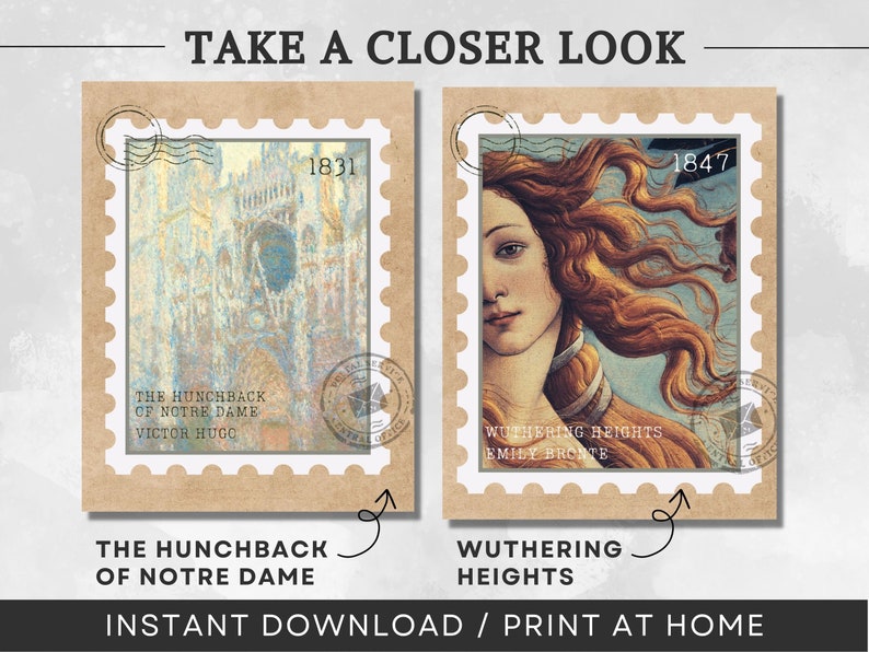 K&ouml;nnte beinhalten: Zwei Briefmarken im Vintage-Stil mit Illustrationen und Text. Die erste Marke zeigt ein Gem&auml;lde der Kathedrale Notre-Dame mit dem Text "Der Gl&ouml;ckner von Notre-Dame, Victor Hugo, 1831". Die zweite Marke zeigt ein Gem&auml;lde einer Frau mit wallendem rotem Haar mit dem Text "Sturmh&ouml;he, Emily Bront&euml;, 1847".