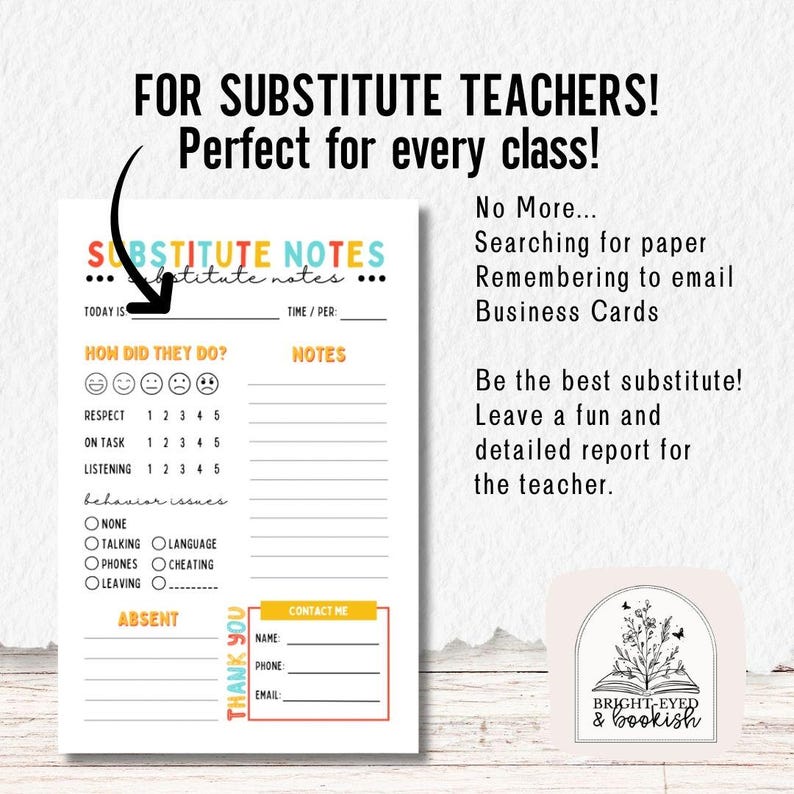 Pu&ograve; includere: Un modello di note per insegnanti sostituti stampabile con un design colorato. Il modello include sezioni per il comportamento degli studenti, note e informazioni di contatto. Il testo "Substitute Notes" &egrave; scritto in un carattere colorato.