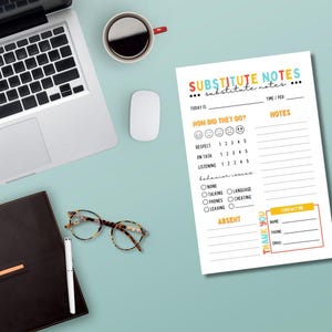 Pu&ograve; includere: Un modulo di note per insegnanti sostituti stampabile con sezioni per "Come hanno fatto?" e "Note". Il modulo include una scala di valutazione per il rispetto, il comportamento in classe e l'ascolto. Include anche una sezione per problemi comportamentali, tra cui parlare, telefoni, andarsene e assenza. Il modulo include un messaggio di "Grazie" e una sezione per l'insegnante sostituto per contattare l'insegnante.