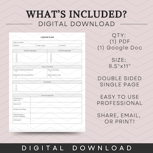 May include: A printable lesson plan template for teachers. The template is double-sided and includes sections for date, subject, grade level, duration, teacher materials, student materials, student learning objective, essential learning question, standards, keys to success, key vocabulary, resources and links, learning agenda, introduction/warm up, instruction, student activities, differentiation/accommodation, and conclusion. The template is 8.5 inches by 11 inches.