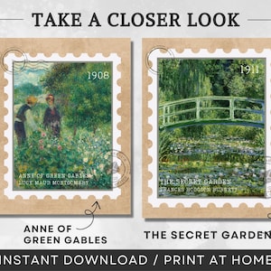 K&ouml;nnte beinhalten: Zwei Briefmarken im Vintage-Stil mit Illustrationen. Die linke Marke zeigt eine gr&uuml;ne Landschaft mit zwei Figuren im Vordergrund. Der Text "ANNE OF GREEN GABLES" und "LUCY MAUD MONTGOMERY" ist unter dem Bild gedruckt. Die rechte Marke zeigt eine gr&uuml;ne Br&uuml;cke &uuml;ber einen Teich mit Seerosen. Der Text "THE SECRET GARDEN" und "FRANCES HODGSON BURNETT" ist unter dem Bild gedruckt.