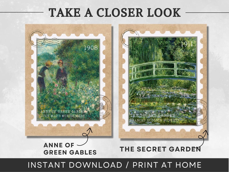 K&ouml;nnte beinhalten: Zwei Briefmarken im Vintage-Stil mit Illustrationen. Die linke Marke zeigt eine gr&uuml;ne Landschaft mit zwei Figuren im Vordergrund. Der Text "ANNE OF GREEN GABLES" und "LUCY MAUD MONTGOMERY" ist unter dem Bild gedruckt. Die rechte Marke zeigt eine gr&uuml;ne Br&uuml;cke &uuml;ber einen Teich mit Seerosen. Der Text "THE SECRET GARDEN" und "FRANCES HODGSON BURNETT" ist unter dem Bild gedruckt.
