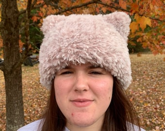 Pink Fur Crochet Cat Ear Beanie Hat