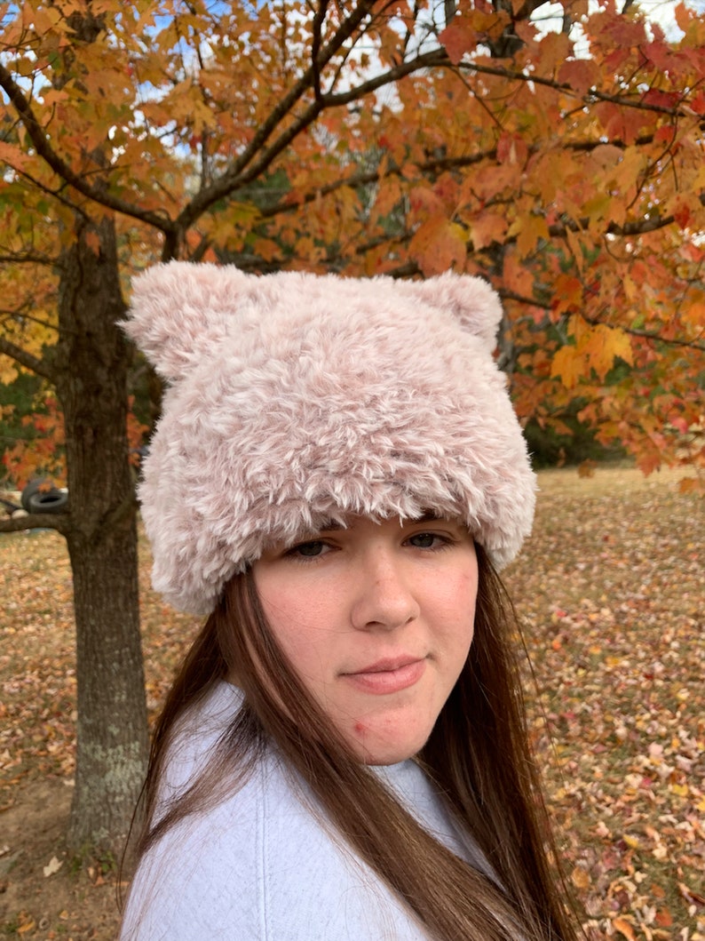 Pink Fur Crochet Cat Ear Beanie Hat Etsy