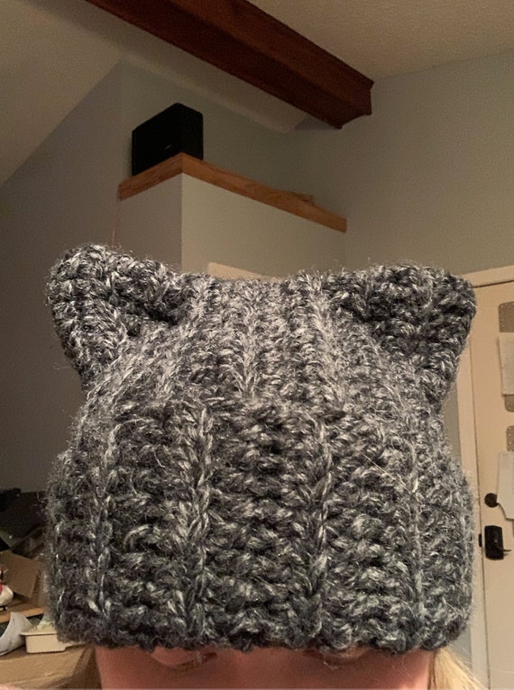 Black Crochet Cat Ear Beanie Hat - Main Image