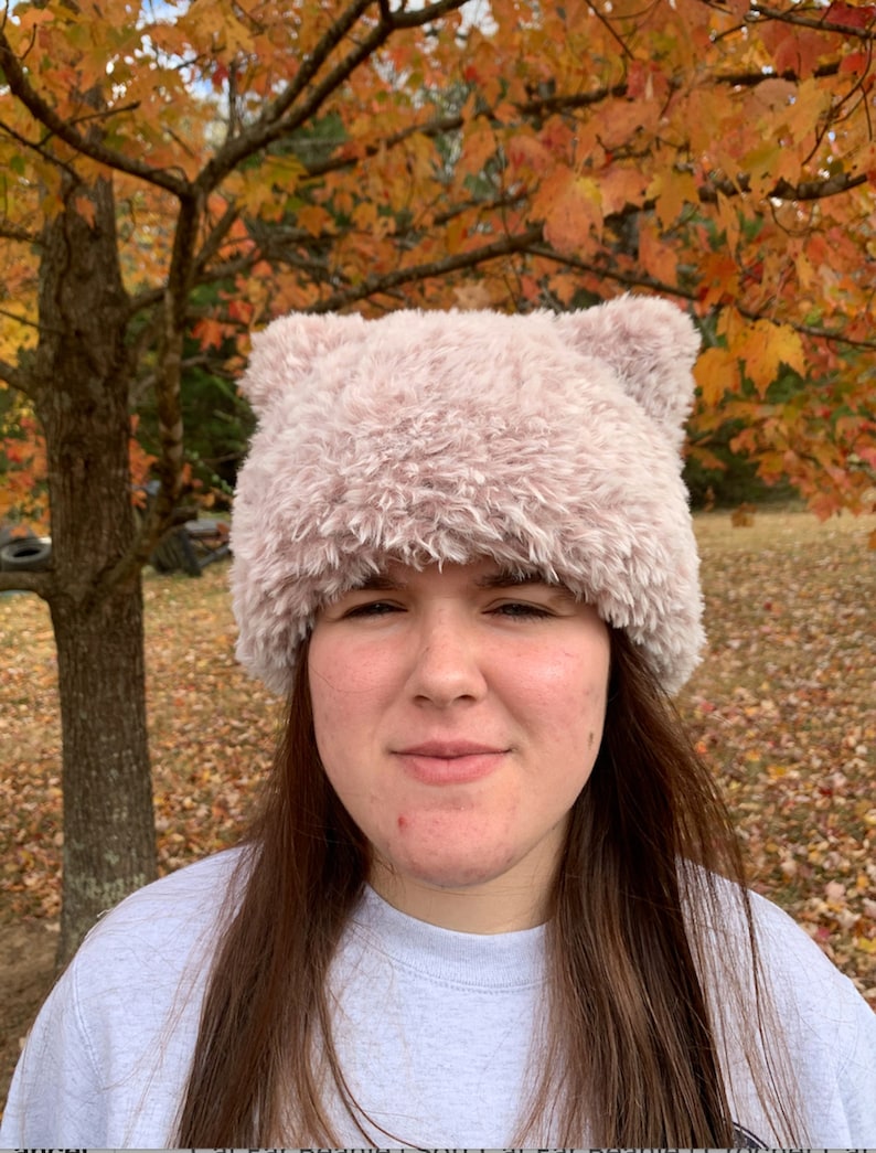 Pink Fur Crochet Cat Ear Beanie Hat Etsy
