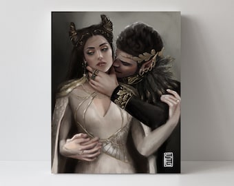 May include: A painting of a couple embracing. The woman has horns and wears a white dress with gold accents. The man wears a black and gold outfit with a feathered collar. The background is a soft gray.
